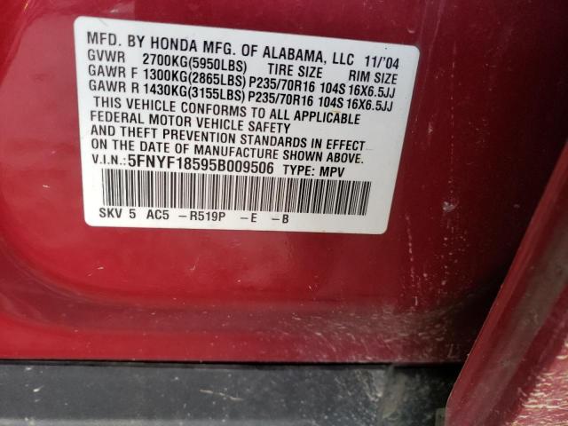 5FNYF18595B009506 - 2005 HONDA PILOT EXL RED photo 12