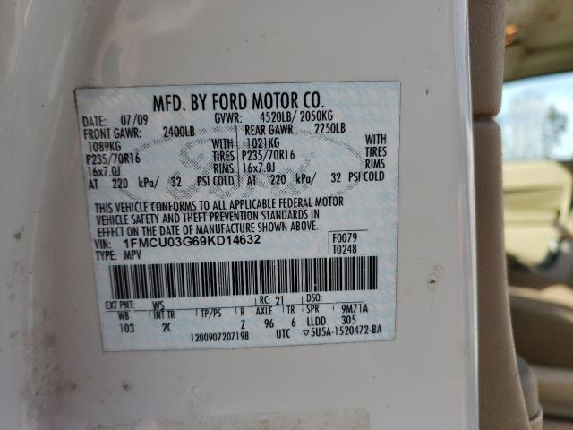 1FMCU03G69KD14632 - 2009 FORD ESCAPE XLT WHITE photo 12