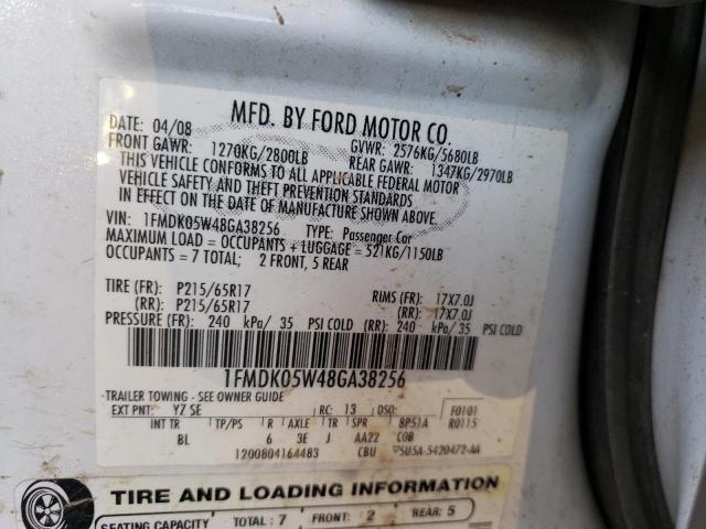 1FMDK05W48GA38256 - 2008 FORD TAURUS X SEL WHITE photo 12