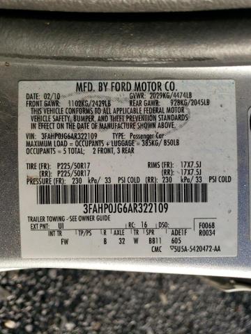 3FAHP0JG6AR322109 - 2010 FORD FUSION SEL SILVER photo 12