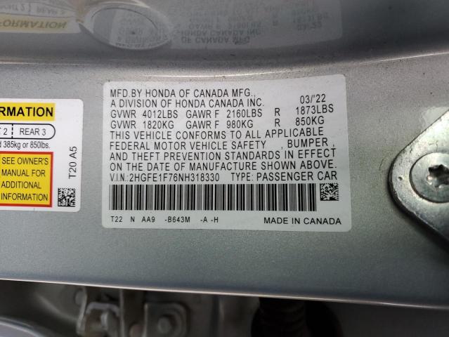 2HGFE1F76NH318330 - 2022 HONDA CIVIC EX SILVER photo 13