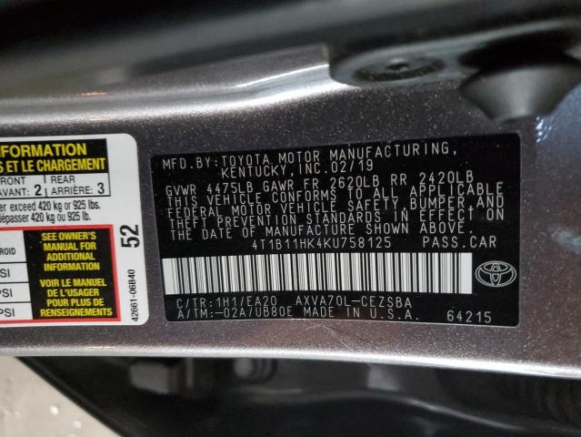 4T1B11HK4KU758125 - 2019 TOYOTA CAMRY L GRAY photo 13