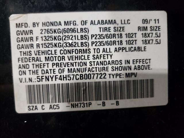 5FNYF4H57CB007722 - 2012 HONDA PILOT EXL BLACK photo 13