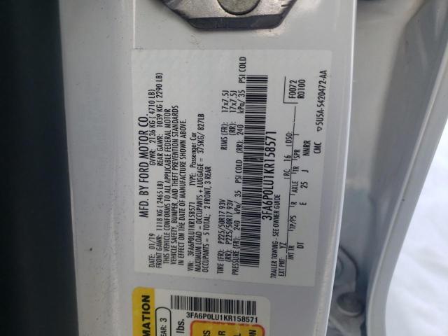 3FA6P0LU1KR158571 - 2019 FORD FUSION SE WHITE photo 13