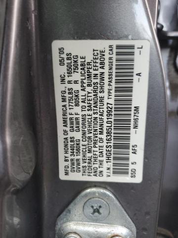 1HGES16385L019927 - 2005 HONDA CIVIC DX VP GRAY photo 12