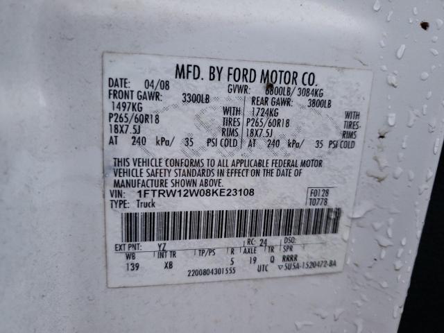 1FTRW12W08KE23108 - 2008 FORD F150 SUPERCREW WHITE photo 12