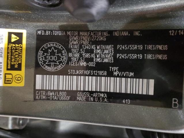 5TDJKRFH0FS121858 - 2015 TOYOTA HIGHLANDER XLE GRAY photo 13