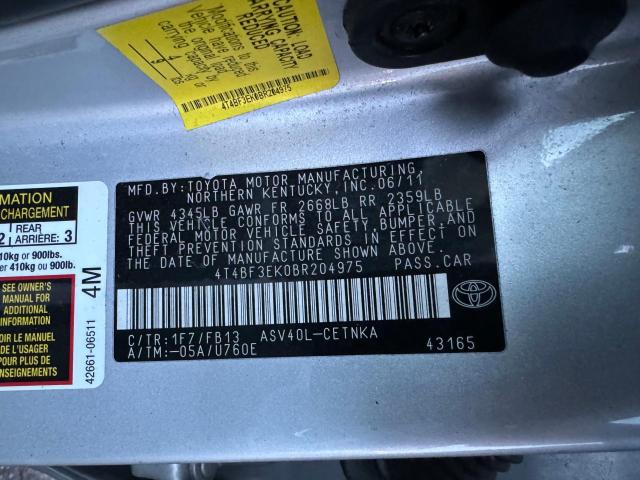 4T4BF3EK0BR204975 - 2011 TOYOTA CAMRY BASE SILVER photo 10