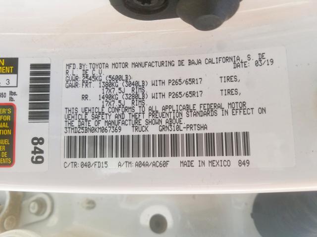 3TMDZ5BN0KM067369 - 2019 TOYOTA TACOMA DOUBLE CAB  照片 10