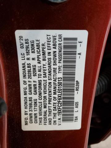 19XFC2F6XLE015013 - 2020 HONDA CIVIC LX BURGUNDY photo 12