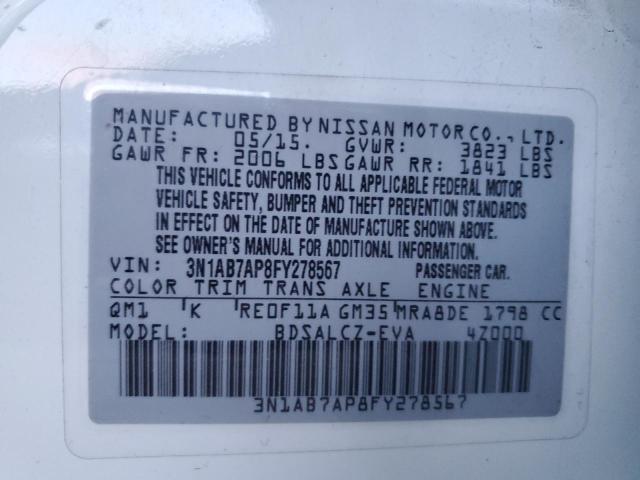 3N1AB7AP8FY278567 - 2015 NISSAN SENTRA S WHITE photo 12