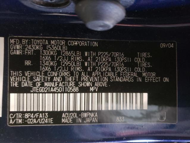 JTEGD21A450110588 - 2005 TOYOTA HIGHLANDER BLUE photo 12