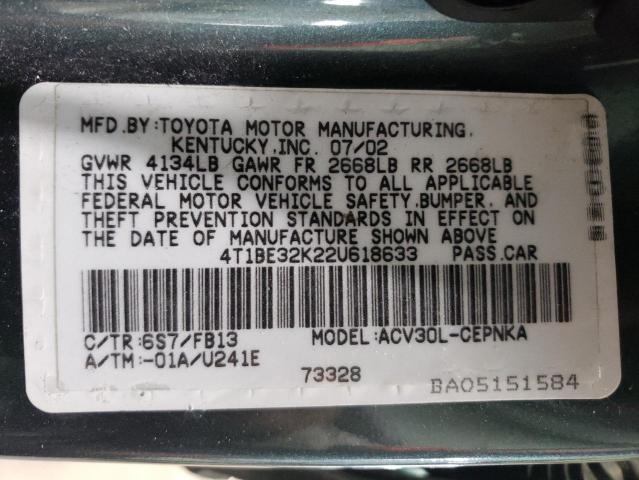 4T1BE32K22U618633 - 2002 TOYOTA CAMRY LE GREEN photo 13