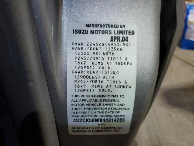 4S2CK58W844314205 - 2004 ISUZU RODEO S SILVER photo 13