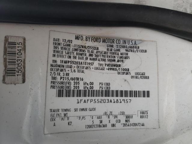 1FAFP55203A181957 - 2003 FORD TAURUS SES WHITE photo 12