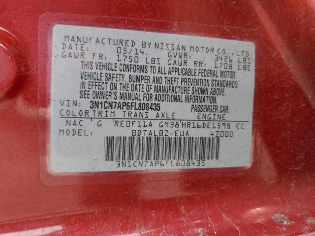 3N1CN7AP6FL808435 - 2015 NISSAN VERSA S RED photo 12