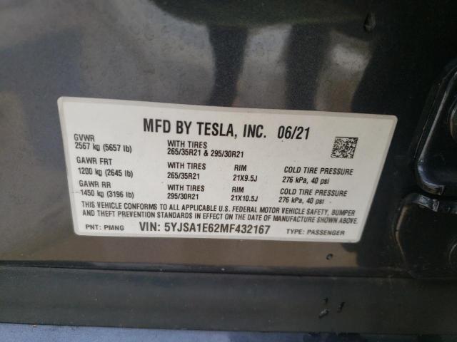 5YJSA1E62MF432167 - 2021 TESLA MODEL S Մոխրագույն լուսանկար 12
