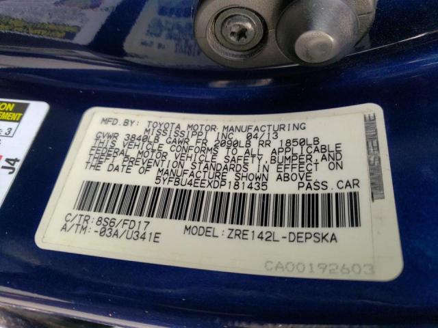 5YFBU4EEXDP181435 - 2013 TOYOTA COROLLA BASE BLUE photo 13