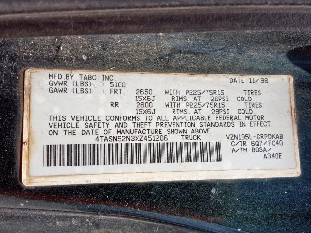 4TASN92N3XZ451206 - 1999 TOYOTA TACOMA XTRACAB PRERUNNER  ფოტო 10