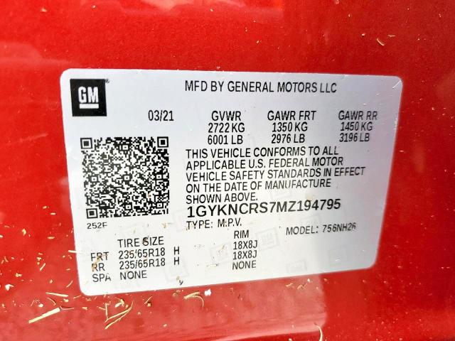 1GYKNCRS7MZ194795 - 2021 CADILLAC XT5 PREMIU RED photo 10