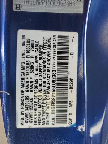 1HGEM22155L062383 - 2005 HONDA CIVIC DX VP BLUE photo 12