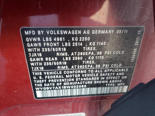 WVGBV7AX1BW002060 - 2011 VOLKSWAGEN TIGUAN S RED photo 12