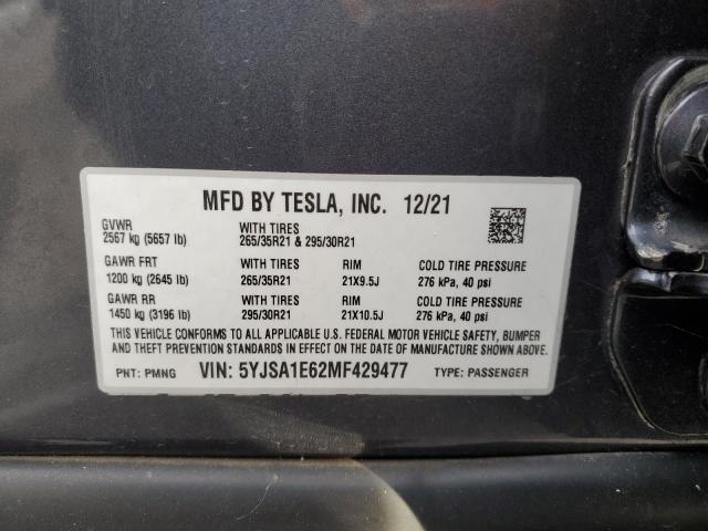 5YJSA1E62MF429477 - 2021 TESLA MODEL S 灰色 照片 13