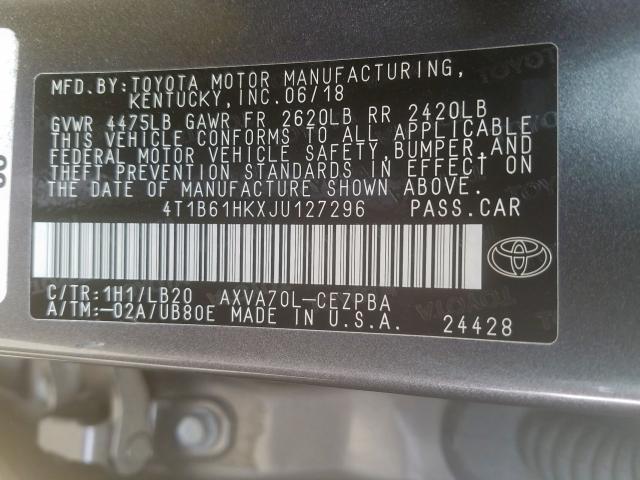 4T1B61HKXJU127296 - 2018 TOYOTA CAMRY XSE  photo 10