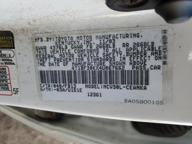 4T1BF30KX4U067662 - 2004 TOYOTA CAMRY LE WHITE photo 12