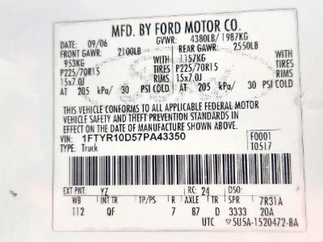 1FTYR10D57PA43350 - 2007 FORD RANGER WHITE photo 10