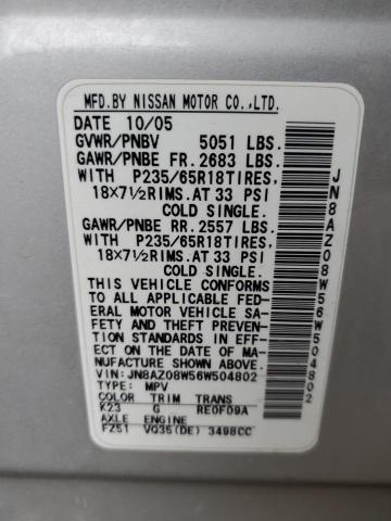 JN8AZ08W56W504802 - 2006 NISSAN MURANO SL SILVER photo 13