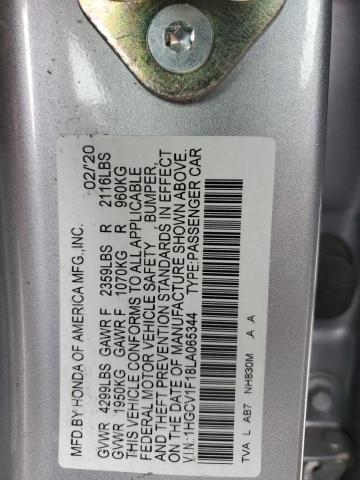 1HGCV1F18LA065344 - 2020 HONDA ACCORD LX SILVER photo 12