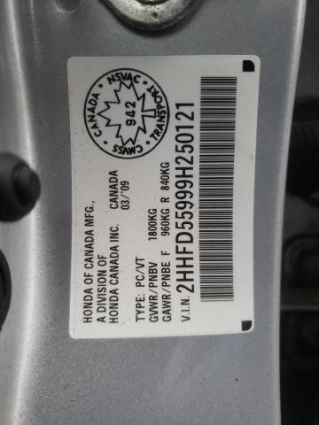 2HHFD55999H250121 - 2009 ACURA CSX TYPE-S SILVER photo 13