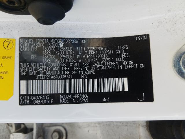 JTEEP21A640008741 - 2004 TOYOTA HIGHLANDER  photo 10