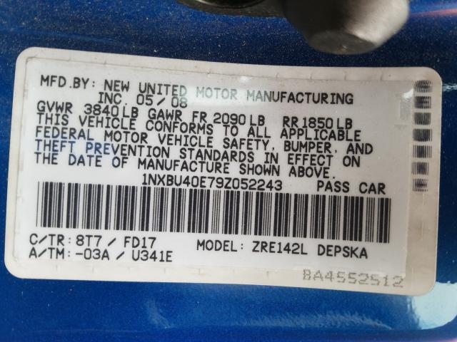 1NXBU40E79Z052243 - 2009 TOYOTA COROLLA BASE  照片 10