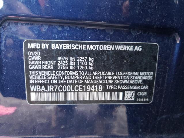 WBAJR7C00LCE19418 - 2020 BMW 530 XI BLUE photo 12