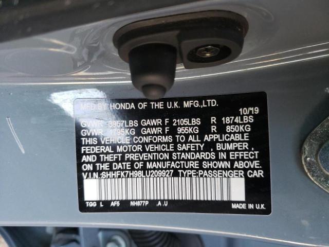 SHHFK7H98LU209927 - 2020 HONDA CIVIC SPORT TOURING GRAY photo 12