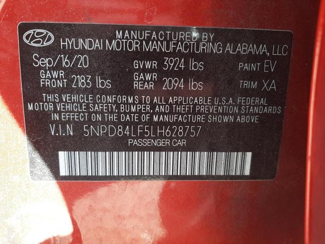 5NPD84LF5LH628757 - 2020 HYUNDAI ELANTRA SEL RED photo 10