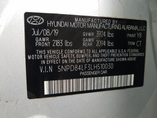 5NPD84LF3LH510030 - 2020 HYUNDAI ELANTRA SEL  photo 10