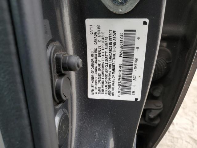 2HGFB2F98CH515786 - 2012 HONDA CIVIC EXL Մոխրագույն լուսանկար 12