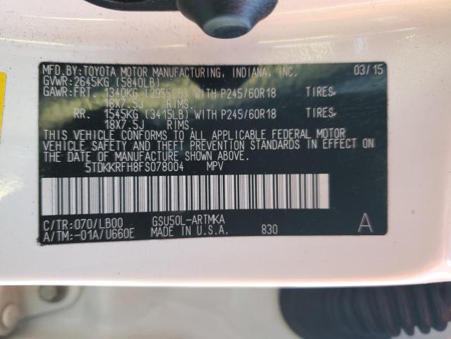 5TDKKRFH8FS078004 - 2015 TOYOTA HIGHLANDER XLE WHITE photo 12