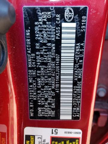 4T1B11HK3JU614807 - 2018 TOYOTA CAMRY L RED photo 12