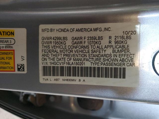 1HGCV1F16LA150201 - 2020 HONDA ACCORD LX SILVER photo 12