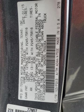 5TFJU4GN9FX074535 - 2015 TOYOTA TACOMA DOUBLE CAB PRERUNNER CHARCOAL photo 12