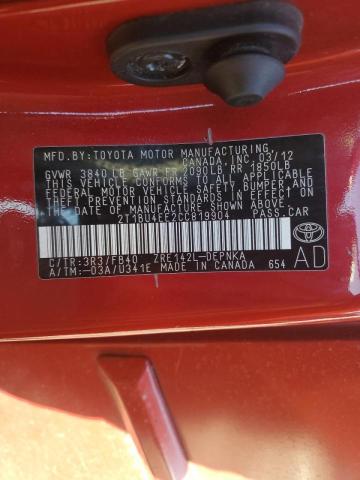2T1BU4EE2CC819904 - 2012 TOYOTA COROLLA BASE RED photo 12