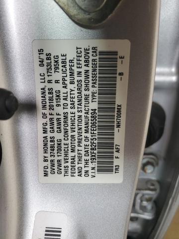 19XFB2F51FE065894 - 2015 HONDA CIVIC LX SILVER photo 12