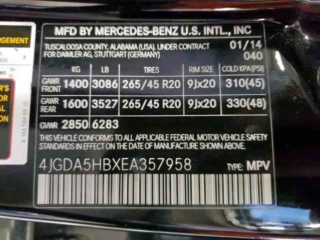 4JGDA5HBXEA357958 - 2014 MERCEDES-BENZ ML 350 4MATIC BLACK photo 10