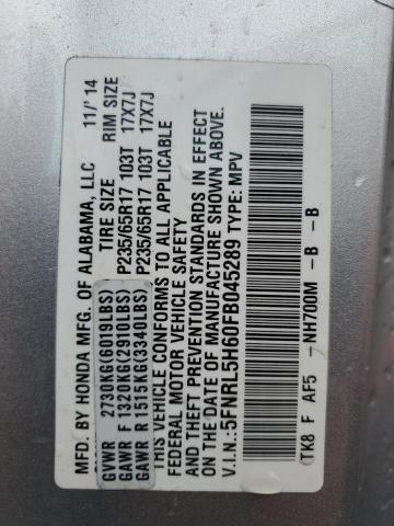 5FNRL5H60FB045289 - 2015 HONDA ODYSSEY EXL SILVER photo 13