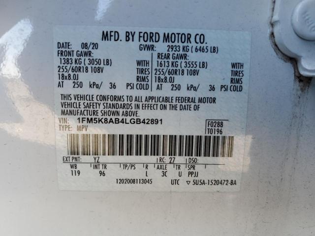 1FM5K8AB4LGB42891 - 2020 FORD EXPLORER POLICE INTERCEPTOR თეთრი ფოტო 12