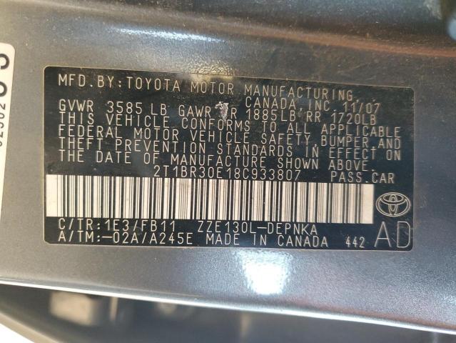 2T1BR30E18C933807 - 2008 TOYOTA COROLLA CE GRAY photo 12